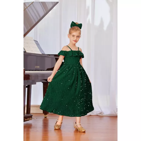 GRACE KARIN Girls Dress Off Shoulder Ruffle Sparkle Sequin Dress with BowKnot 612 YearsDark Green