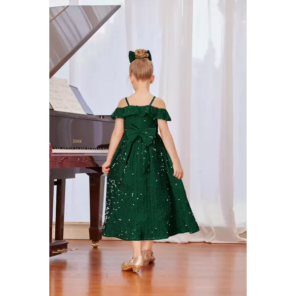 GRACE KARIN Girls Dress Off Shoulder Ruffle Sparkle Sequin Dress with BowKnot 612 YearsDark Green