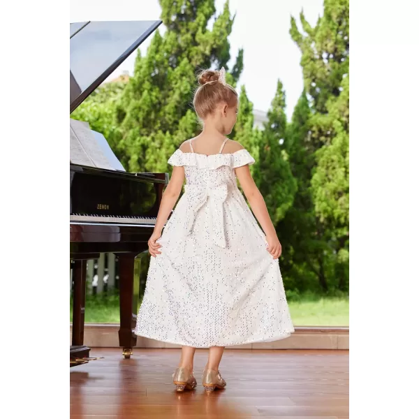 GRACE KARIN Girls Dress Off Shoulder Ruffle Sparkle Sequin Dress with BowKnot 612 YearsIvory