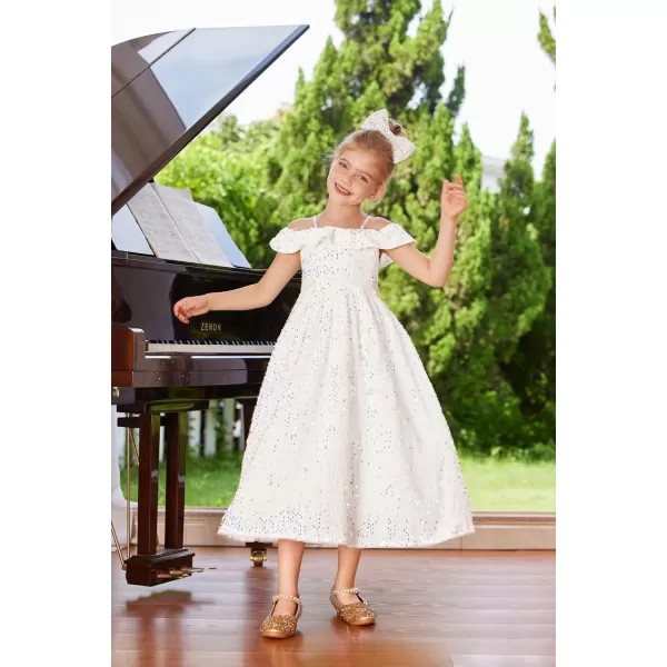 GRACE KARIN Girls Dress Off Shoulder Ruffle Sparkle Sequin Dress with BowKnot 612 YearsIvory