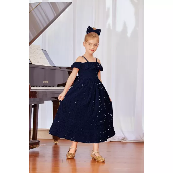 GRACE KARIN Girls Dress Off Shoulder Ruffle Sparkle Sequin Dress with BowKnot 612 YearsNavy