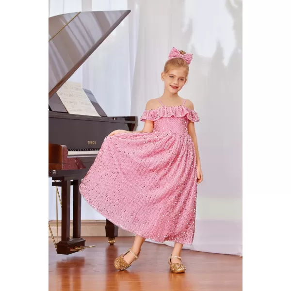 GRACE KARIN Girls Dress Off Shoulder Ruffle Sparkle Sequin Dress with BowKnot 612 YearsPink