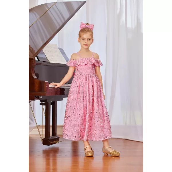 GRACE KARIN Girls Dress Off Shoulder Ruffle Sparkle Sequin Dress with BowKnot 612 YearsPink