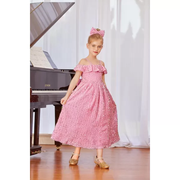 GRACE KARIN Girls Dress Off Shoulder Ruffle Sparkle Sequin Dress with BowKnot 612 YearsPink