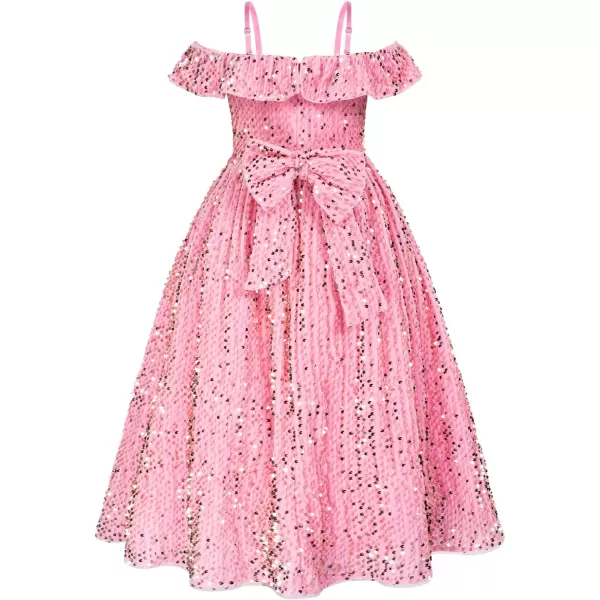 GRACE KARIN Girls Dress Off Shoulder Ruffle Sparkle Sequin Dress with BowKnot 612 YearsPink