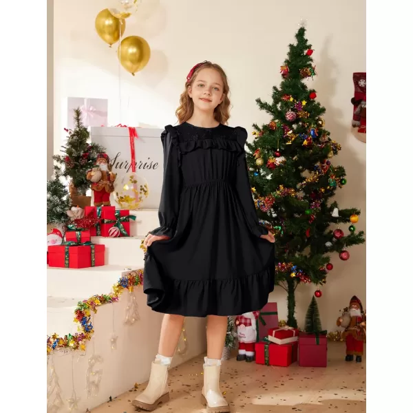 GRACE KARIN Girls Dress Ruffle Long Sleeves Crew Neck ALine Dresses Size 512Black