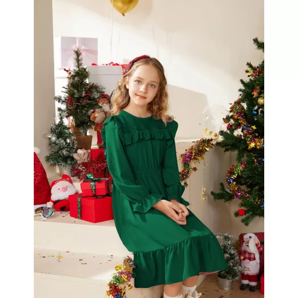 GRACE KARIN Girls Dress Ruffle Long Sleeves Crew Neck ALine Dresses Size 512Green