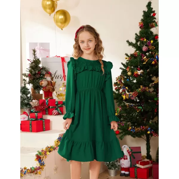 GRACE KARIN Girls Dress Ruffle Long Sleeves Crew Neck ALine Dresses Size 512Green