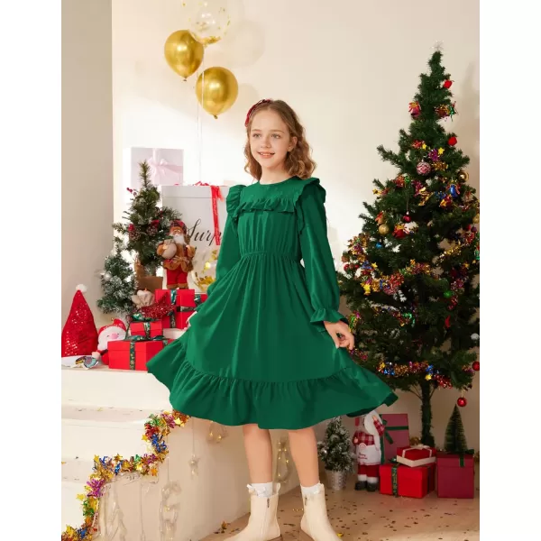 GRACE KARIN Girls Dress Ruffle Long Sleeves Crew Neck ALine Dresses Size 512Green