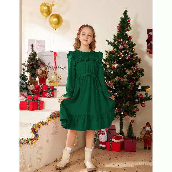 GRACE KARIN Girls Dress Ruffle Long Sleeves Crew Neck ALine Dresses Size 512Green