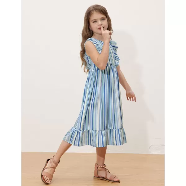 GRACE KARIN Girls Dress Ruffle Sleeve Striped Floral Spring Summer Dress for Kids 612YBlue Stripe