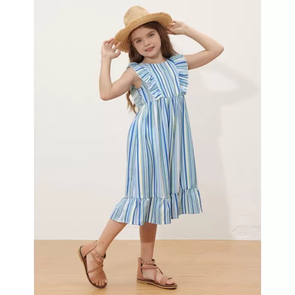 GRACE KARIN Girls Dress Ruffle Sleeve Striped Floral Spring Summer Dress for Kids 612YBlue Stripe