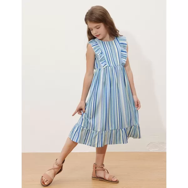 GRACE KARIN Girls Dress Ruffle Sleeve Striped Floral Spring Summer Dress for Kids 612YBlue Stripe