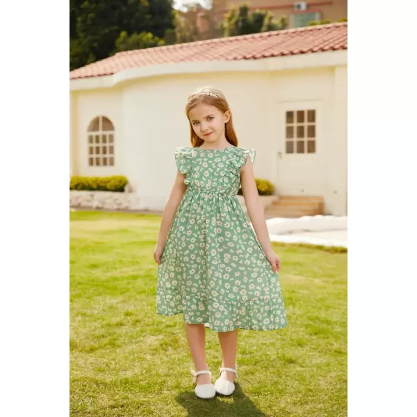 GRACE KARIN Girls Dress Ruffle Sleeve Striped Floral Spring Summer Dress for Kids 612YDaisy on Green