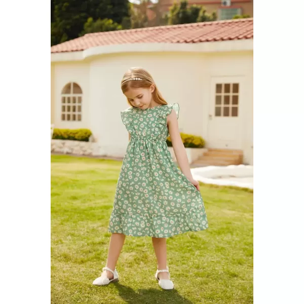 GRACE KARIN Girls Dress Ruffle Sleeve Striped Floral Spring Summer Dress for Kids 612YDaisy on Green