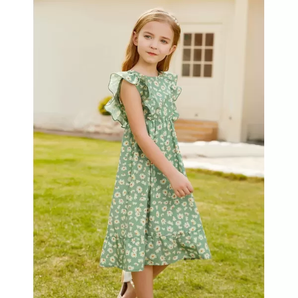 GRACE KARIN Girls Dress Ruffle Sleeve Striped Floral Spring Summer Dress for Kids 612YDaisy on Green