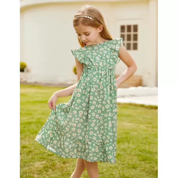 GRACE KARIN Girls Dress Ruffle Sleeve Striped Floral Spring Summer Dress for Kids 612YDaisy on Green