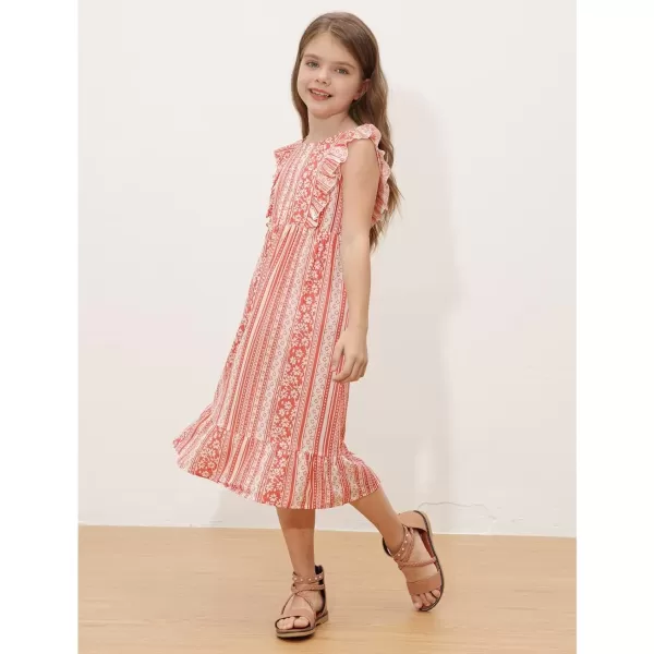 GRACE KARIN Girls Dress Ruffle Sleeve Striped Floral Spring Summer Dress for Kids 612YRed Stripe