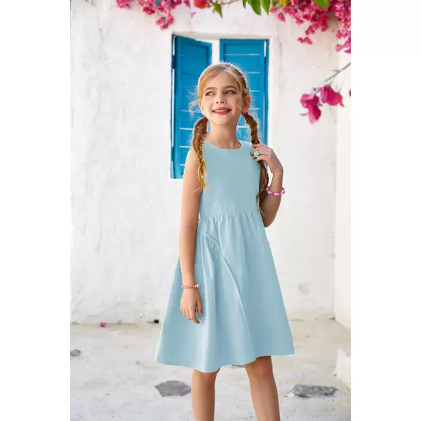 GRACE KARIN Girls Dresses Crew Neck Sleeveless Spring Summer Dress Solid Cotton Midi Sundress with Pockets 512YLight Blue