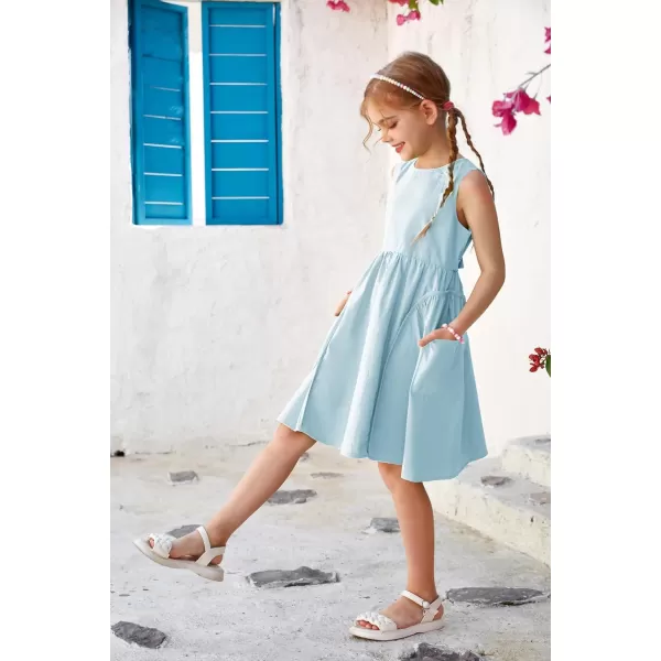 GRACE KARIN Girls Dresses Crew Neck Sleeveless Spring Summer Dress Solid Cotton Midi Sundress with Pockets 512YLight Blue