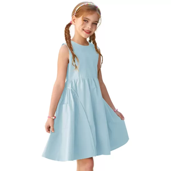 GRACE KARIN Girls Dresses Crew Neck Sleeveless Spring Summer Dress Solid Cotton Midi Sundress with Pockets 512YLight Blue