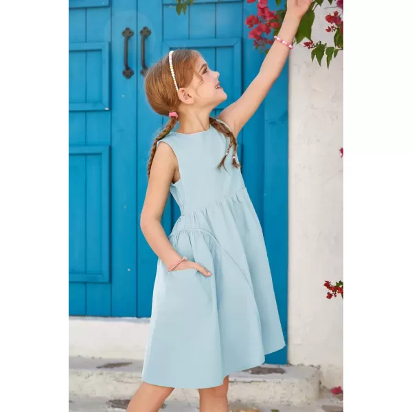 GRACE KARIN Girls Dresses Crew Neck Sleeveless Spring Summer Dress Solid Cotton Midi Sundress with Pockets 512YLight Blue