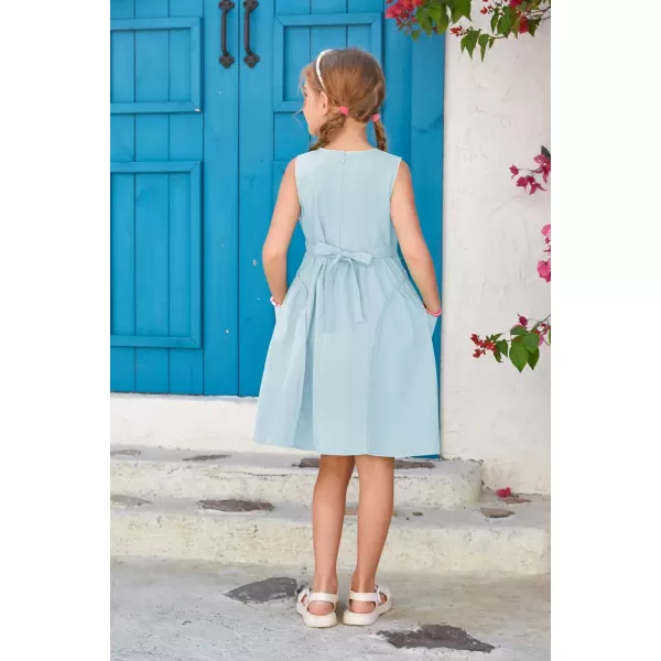 GRACE KARIN Girls Dresses Crew Neck Sleeveless Spring Summer Dress Solid Cotton Midi Sundress with Pockets 512YLight Blue