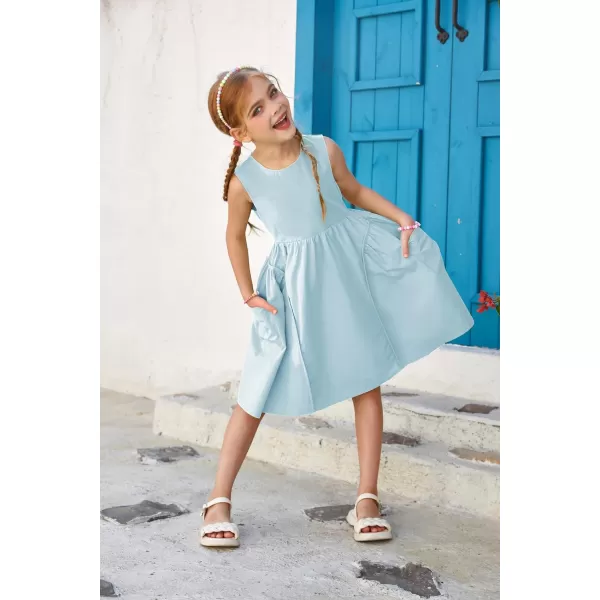 GRACE KARIN Girls Dresses Crew Neck Sleeveless Spring Summer Dress Solid Cotton Midi Sundress with Pockets 512YLight Blue