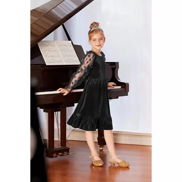 GRACE KARIN Girls Fall Dresses Sheer Long Sleeve ALine Crew Neck Party Midi Dress 6Y12YBlack