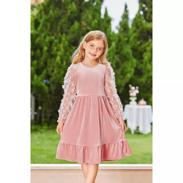 GRACE KARIN Girls Fall Dresses Sheer Long Sleeve ALine Crew Neck Party Midi Dress 6Y12YLight Pink