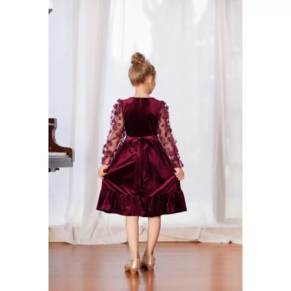 GRACE KARIN Girls Fall Dresses Sheer Long Sleeve ALine Crew Neck Party Midi Dress 6Y12YWine