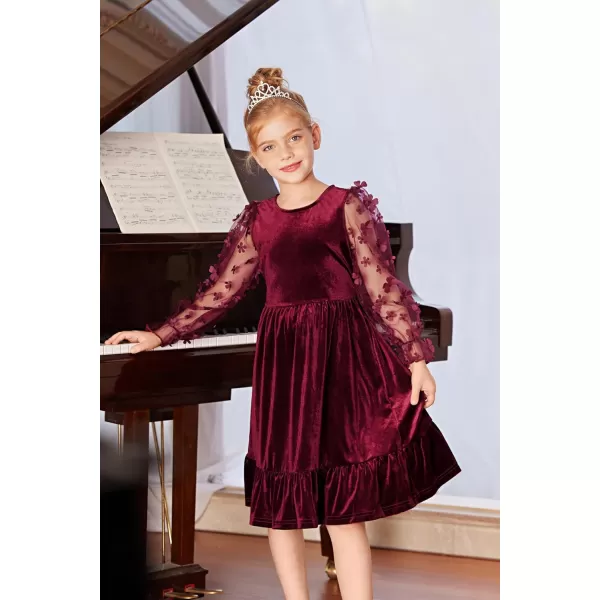 GRACE KARIN Girls Fall Dresses Sheer Long Sleeve ALine Crew Neck Party Midi Dress 6Y12YWine