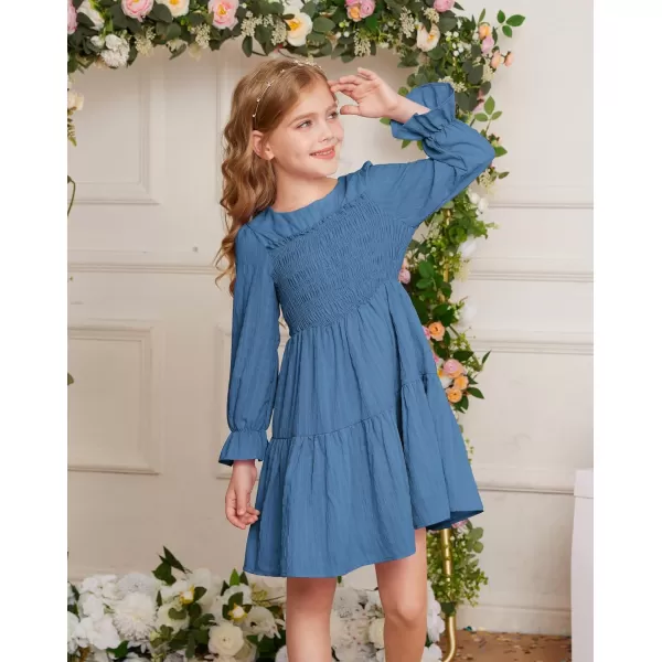 GRACE KARIN Girls Fall Long Sleeve Dress Casual ALine Tiered Crewneck Dress Size 512YearsNavy Blue