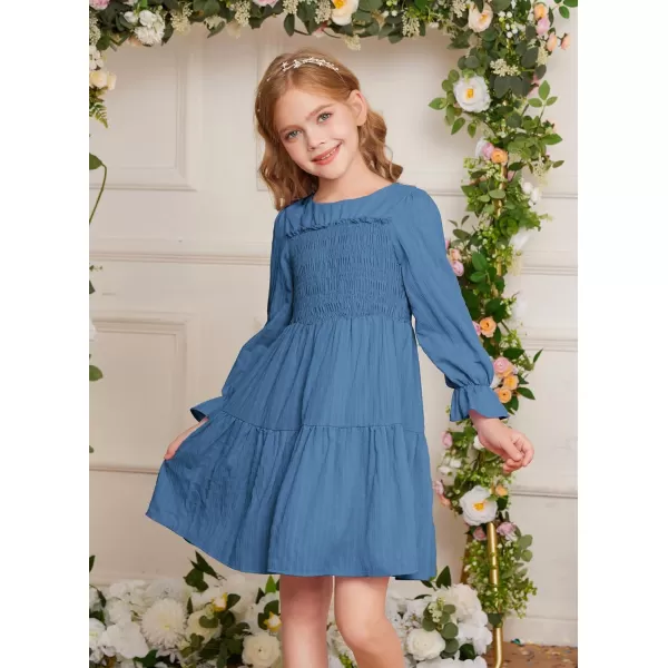 GRACE KARIN Girls Fall Long Sleeve Dress Casual ALine Tiered Crewneck Dress Size 512YearsNavy Blue