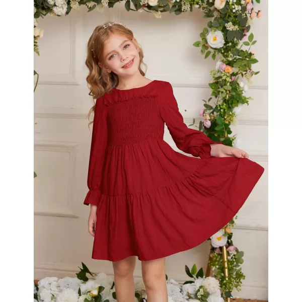 GRACE KARIN Girls Fall Long Sleeve Dress Casual ALine Tiered Crewneck Dress Size 512YearsRed