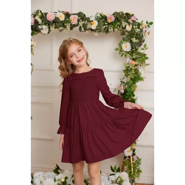 GRACE KARIN Girls Fall Long Sleeve Dress Casual ALine Tiered Crewneck Dress Size 512YearsWine Red