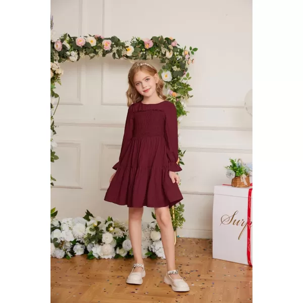 GRACE KARIN Girls Fall Long Sleeve Dress Casual ALine Tiered Crewneck Dress Size 512YearsWine Red