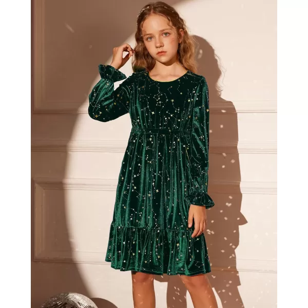 GRACE KARIN Girls Fall Velvet Dress Long Sleeve Ruffle Sparkle Party Dress Size 512Green