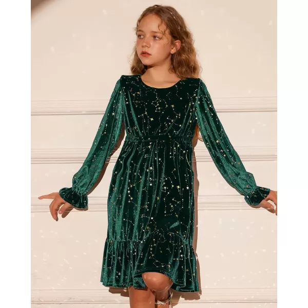 GRACE KARIN Girls Fall Velvet Dress Long Sleeve Ruffle Sparkle Party Dress Size 512Green