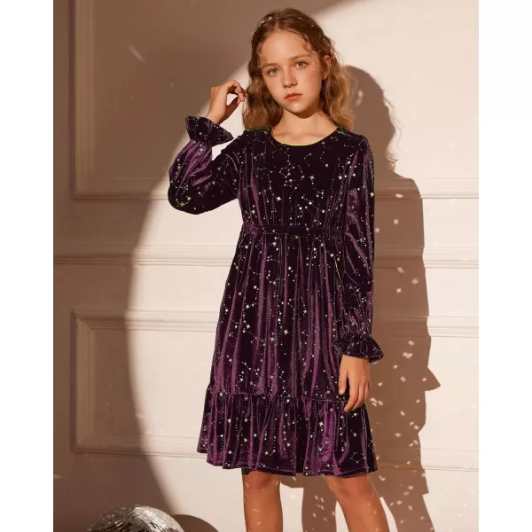 GRACE KARIN Girls Fall Velvet Dress Long Sleeve Ruffle Sparkle Party Dress Size 512Purple