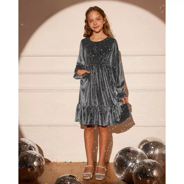 GRACE KARIN Girls Fall Velvet Dress Long Sleeve Ruffle Sparkle Party Dress Size 512Silver Grey