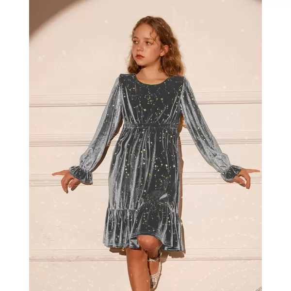 GRACE KARIN Girls Fall Velvet Dress Long Sleeve Ruffle Sparkle Party Dress Size 512Silver Grey