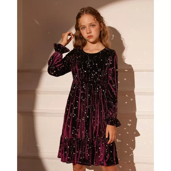 GRACE KARIN Girls Fall Velvet Dress Long Sleeve Ruffle Sparkle Party Dress Size 512Wine Red