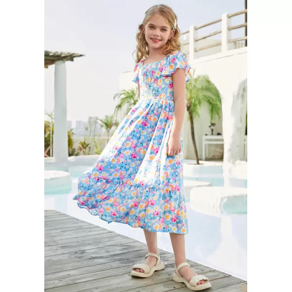 GRACE KARIN Girls Floral Dress Flutter Sleeve Square Neck Tiered Midi Dress Smocked Flared Aline Dress 512YFlowers on Blue