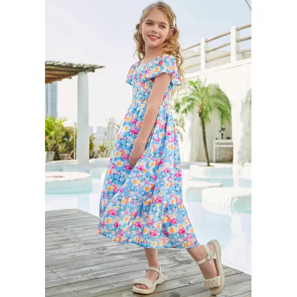 GRACE KARIN Girls Floral Dress Flutter Sleeve Square Neck Tiered Midi Dress Smocked Flared Aline Dress 512YFlowers on Blue