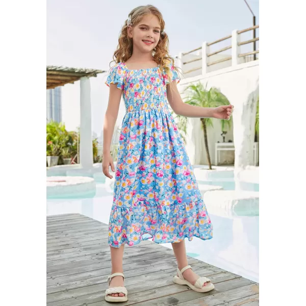 GRACE KARIN Girls Floral Dress Flutter Sleeve Square Neck Tiered Midi Dress Smocked Flared Aline Dress 512YFlowers on Blue