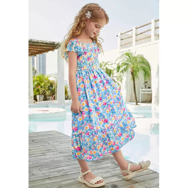 GRACE KARIN Girls Floral Dress Flutter Sleeve Square Neck Tiered Midi Dress Smocked Flared Aline Dress 512YFlowers on Blue