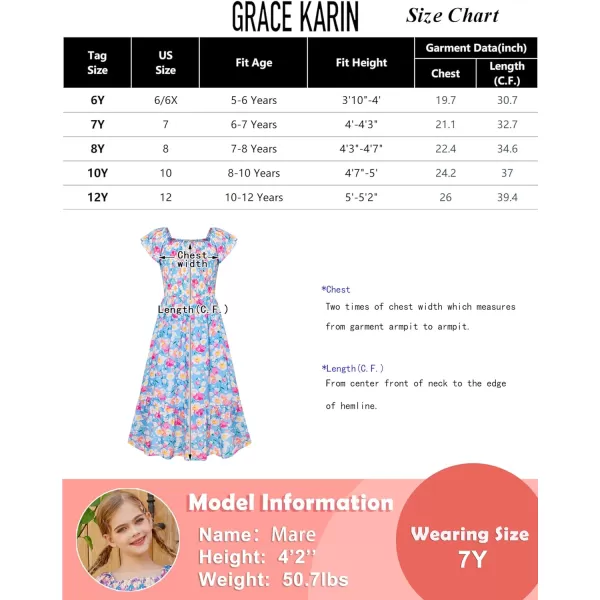 GRACE KARIN Girls Floral Dress Flutter Sleeve Square Neck Tiered Midi Dress Smocked Flared Aline Dress 512YFlowers on Blue