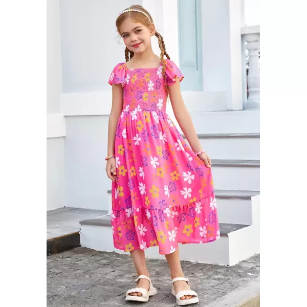 GRACE KARIN Girls Floral Dress Flutter Sleeve Square Neck Tiered Midi Dress Smocked Flared Aline Dress 512YFlowers on Hot Pink