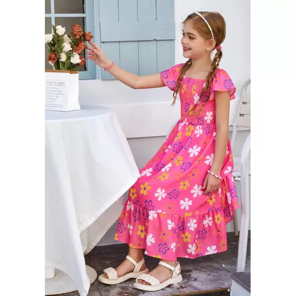 GRACE KARIN Girls Floral Dress Flutter Sleeve Square Neck Tiered Midi Dress Smocked Flared Aline Dress 512YFlowers on Hot Pink